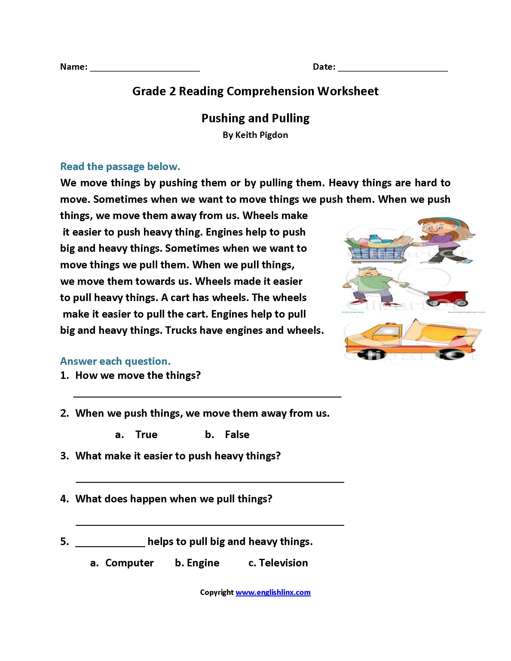 Pushing And Pulling Second Grade Reading Worksheets Reading Comprehension Worksheets 2nd Grade Reading Worksheets Comprehension Worksheets