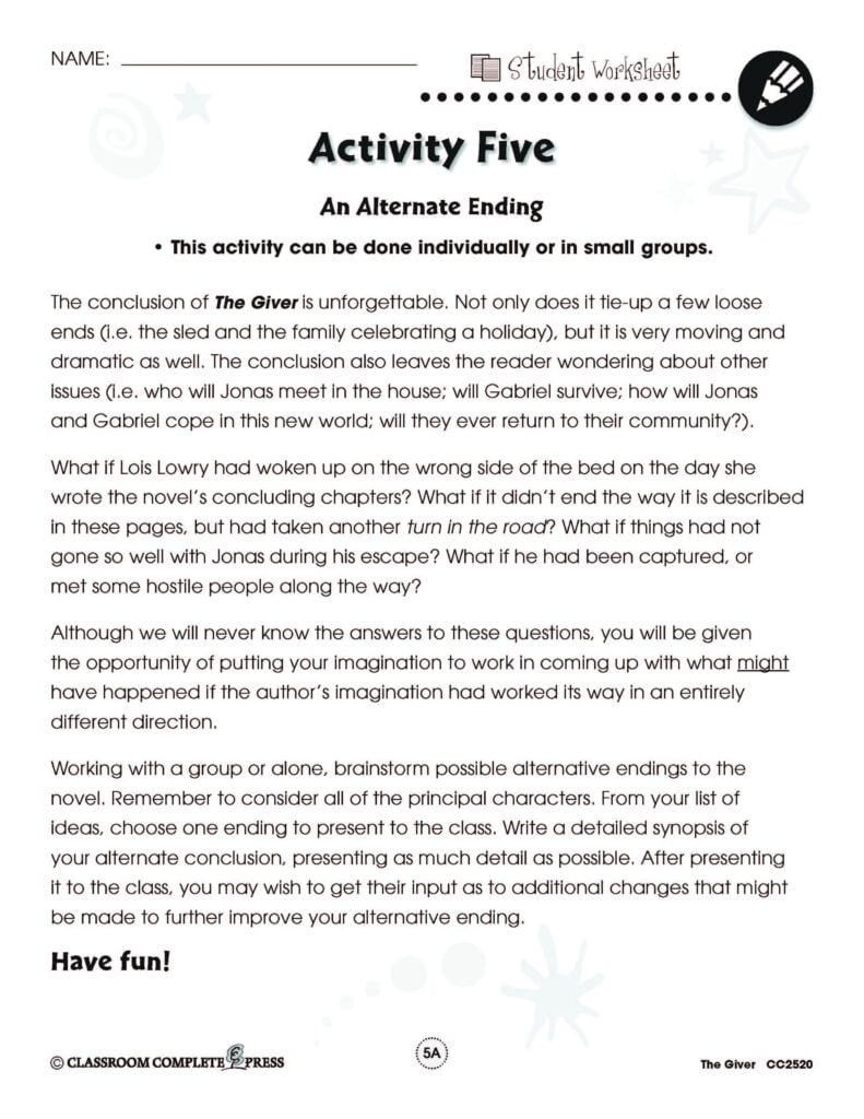 Put Your Imagination To The Test As You Come Up With An Alternate Ending To The Giver With This FREE Activity From CCP Inter The Giver Novel Studies Activities