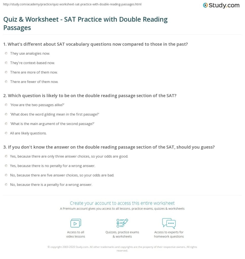 Quiz Worksheet SAT Practice With Double Reading Passages Study