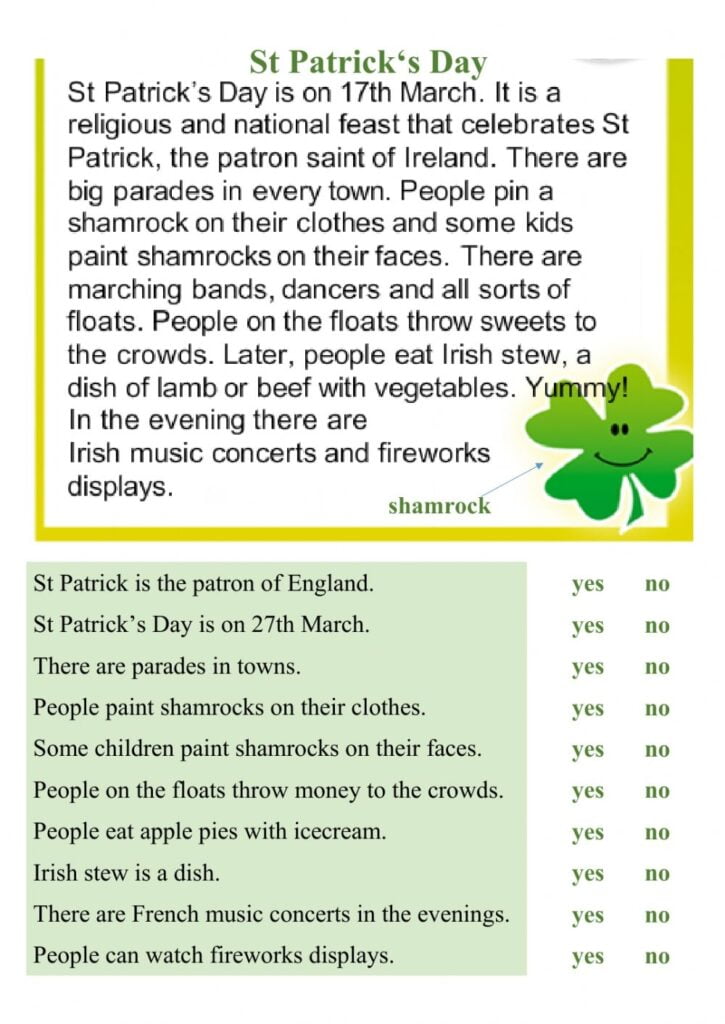 Rading St Patricks Day Worksheet