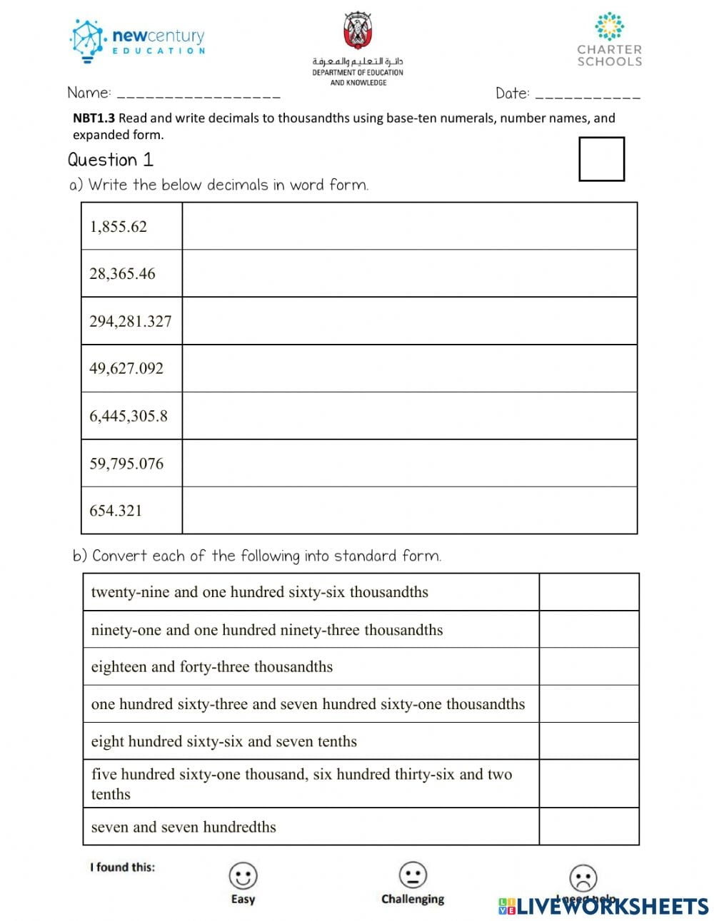 Read And Write Decimals To Thousandths Worksheets