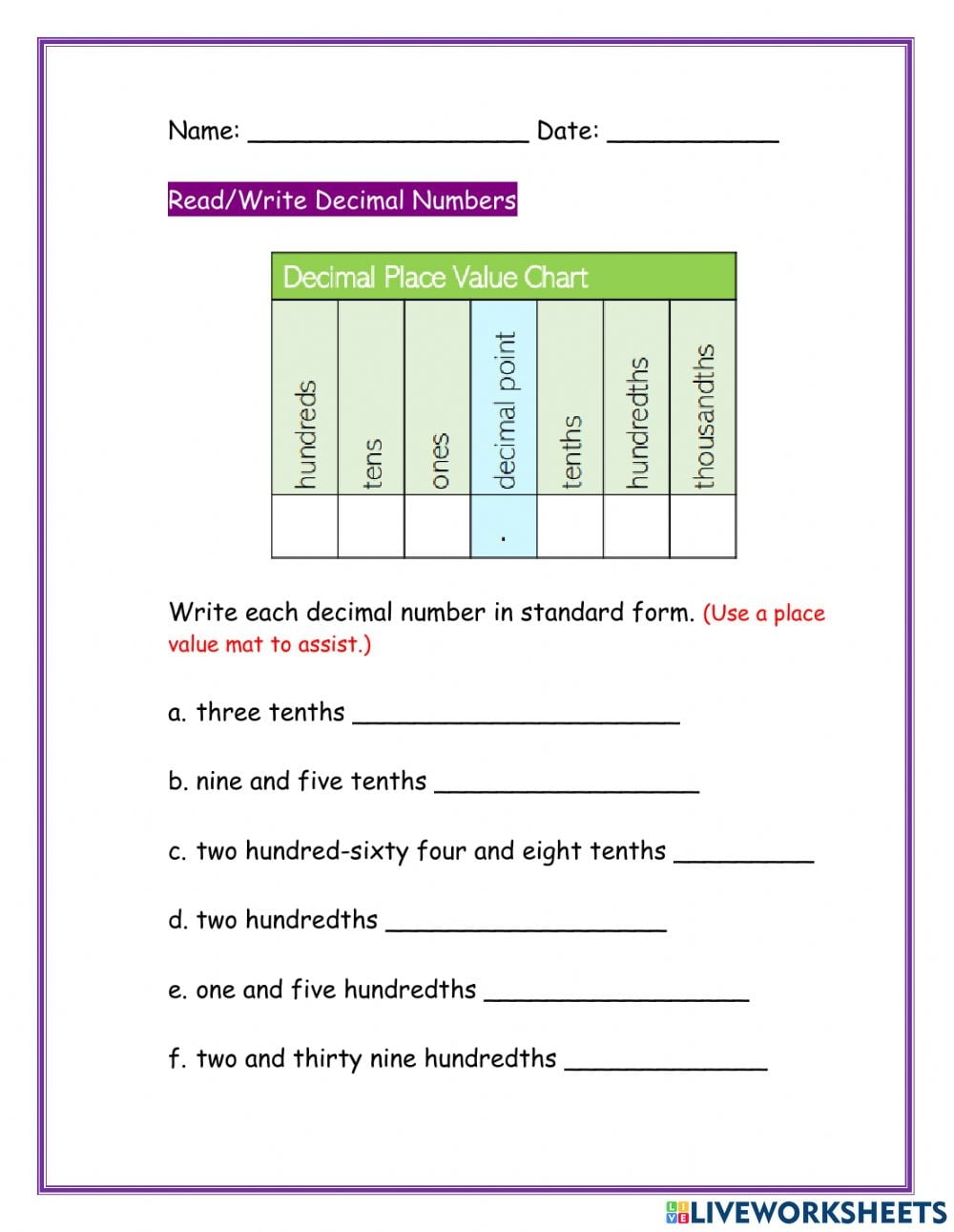 Read Write Decimals Worksheet