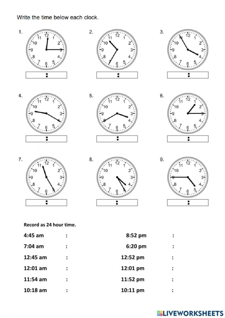 Reading Clocks 12 And 24 Hour Time Set 1 Worksheet