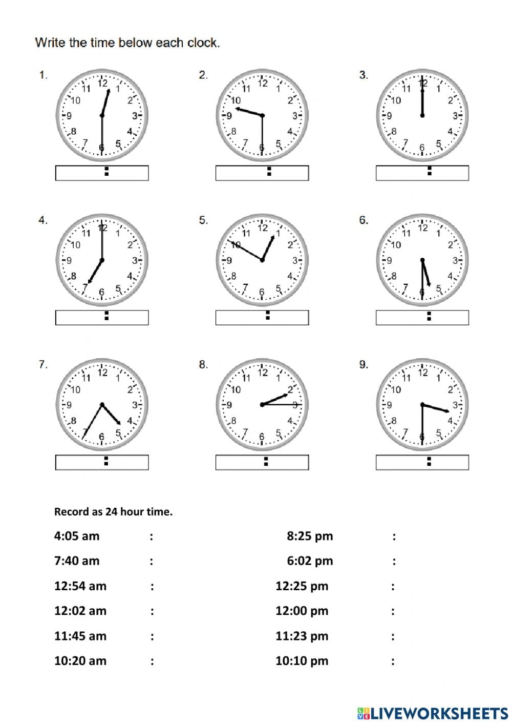 Reading A Clock Worksheets