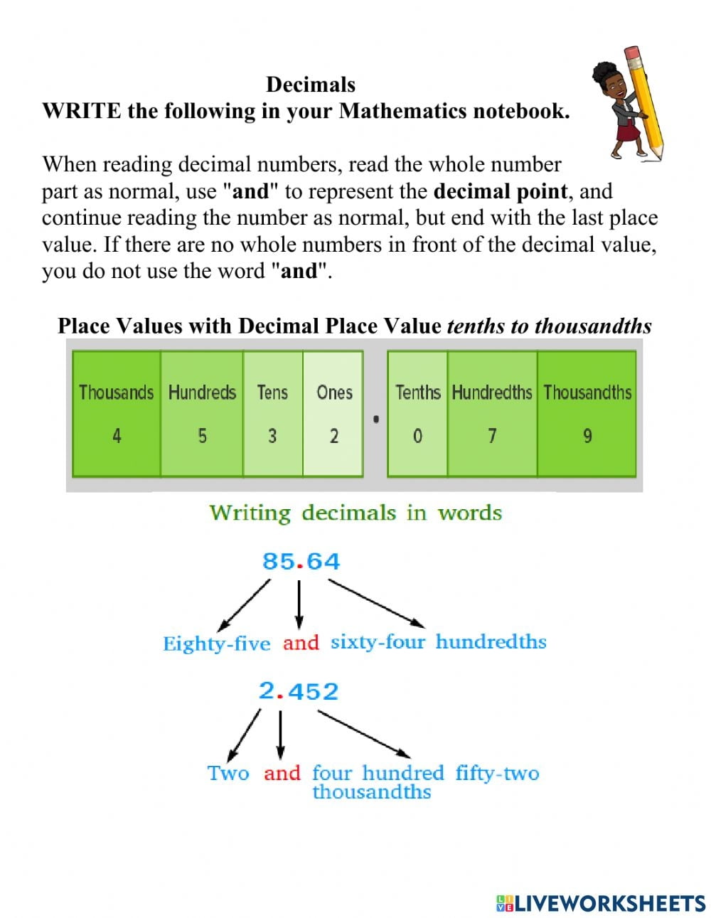 Reading Decimals Worksheets