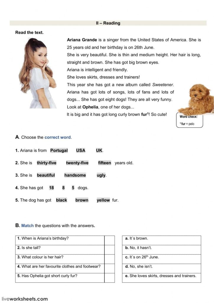 Reading Test Ariana Grande Worksheet