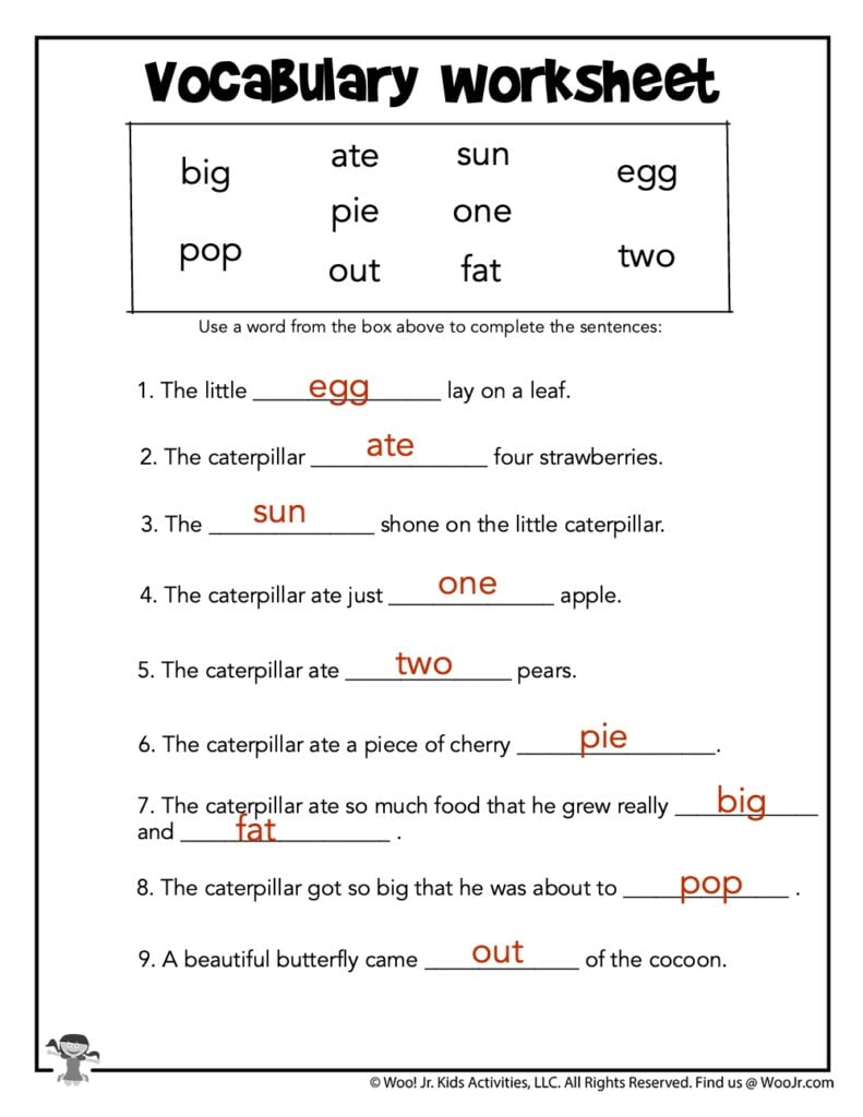 Reading Vocabulary Worksheet ANSWER KEY Woo Jr Kids Activities Children s Publishing