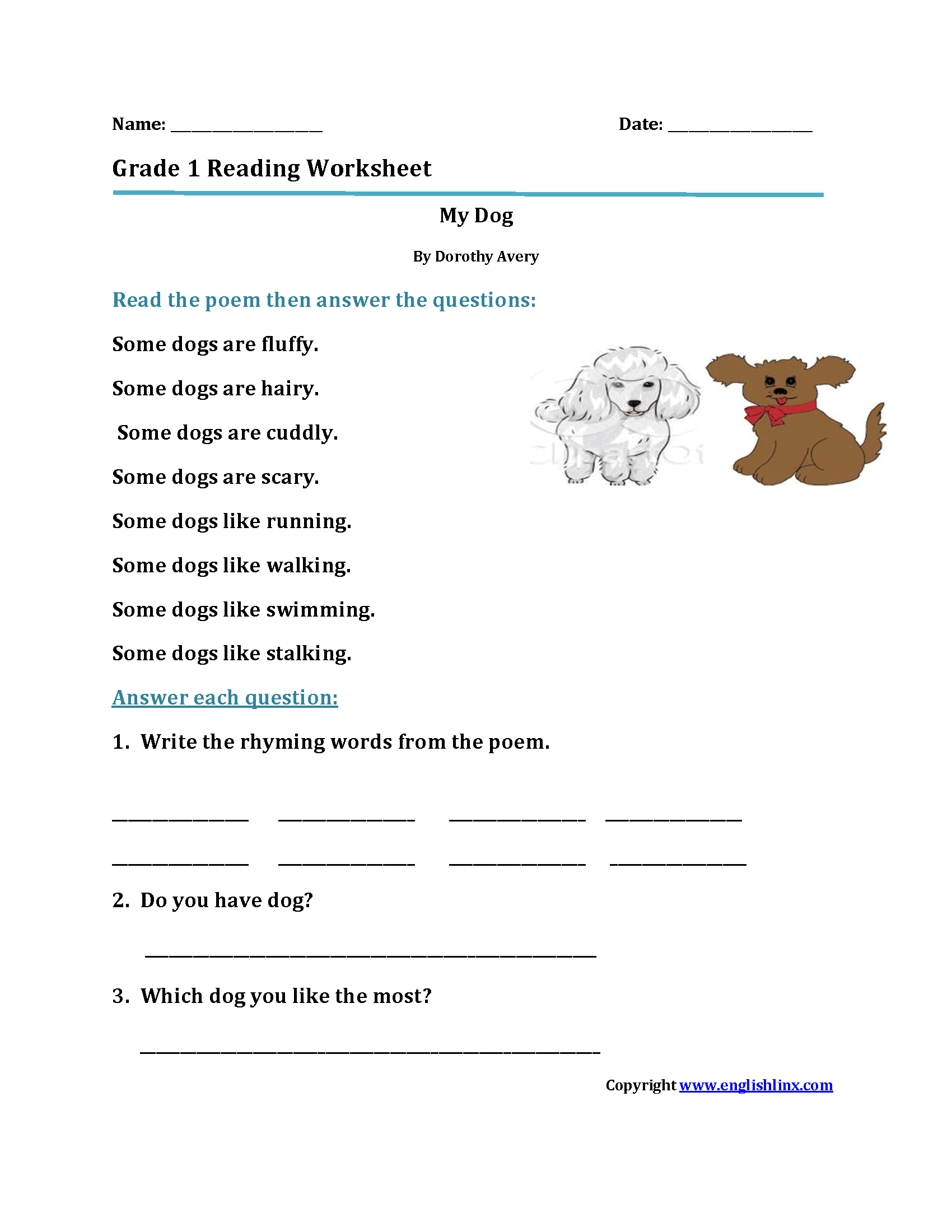 One-page Reading Printable Worksheets First Grade