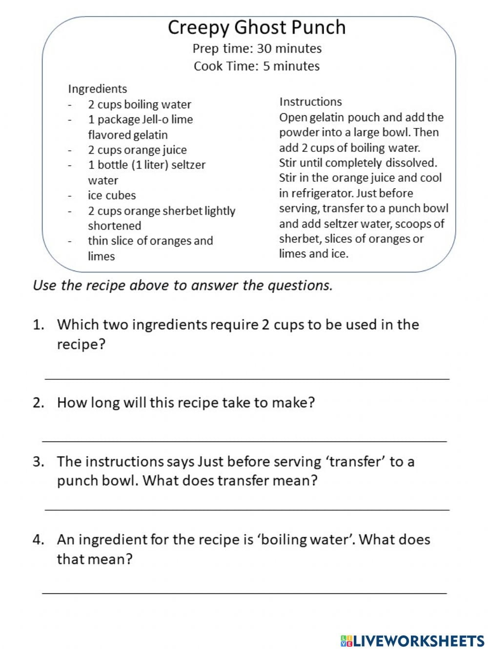 Reading A Recipe Worksheets