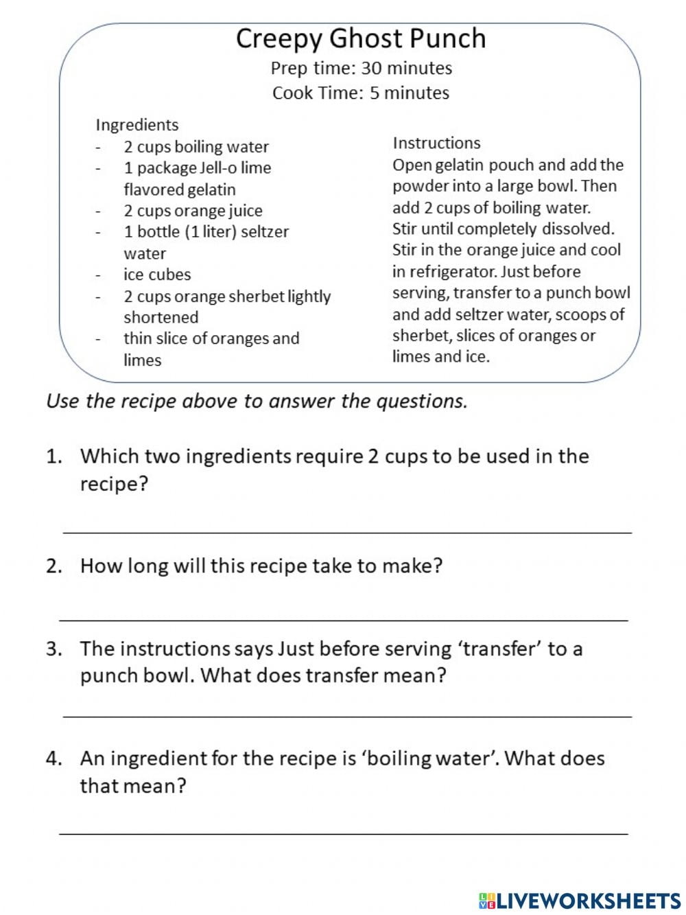 Reading A Recipe Worksheet