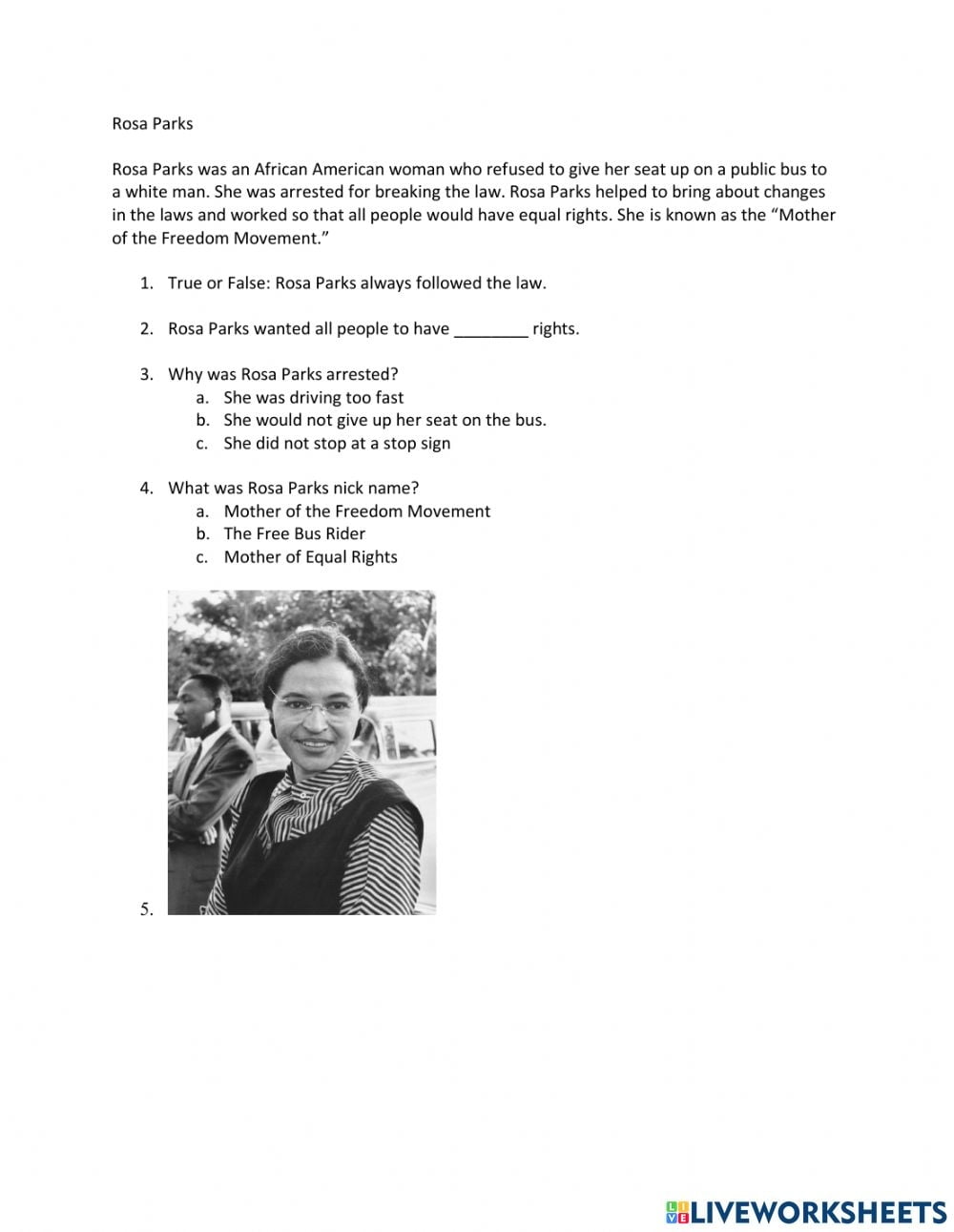 Rosa Parks Reading Comprehension Worksheets Free