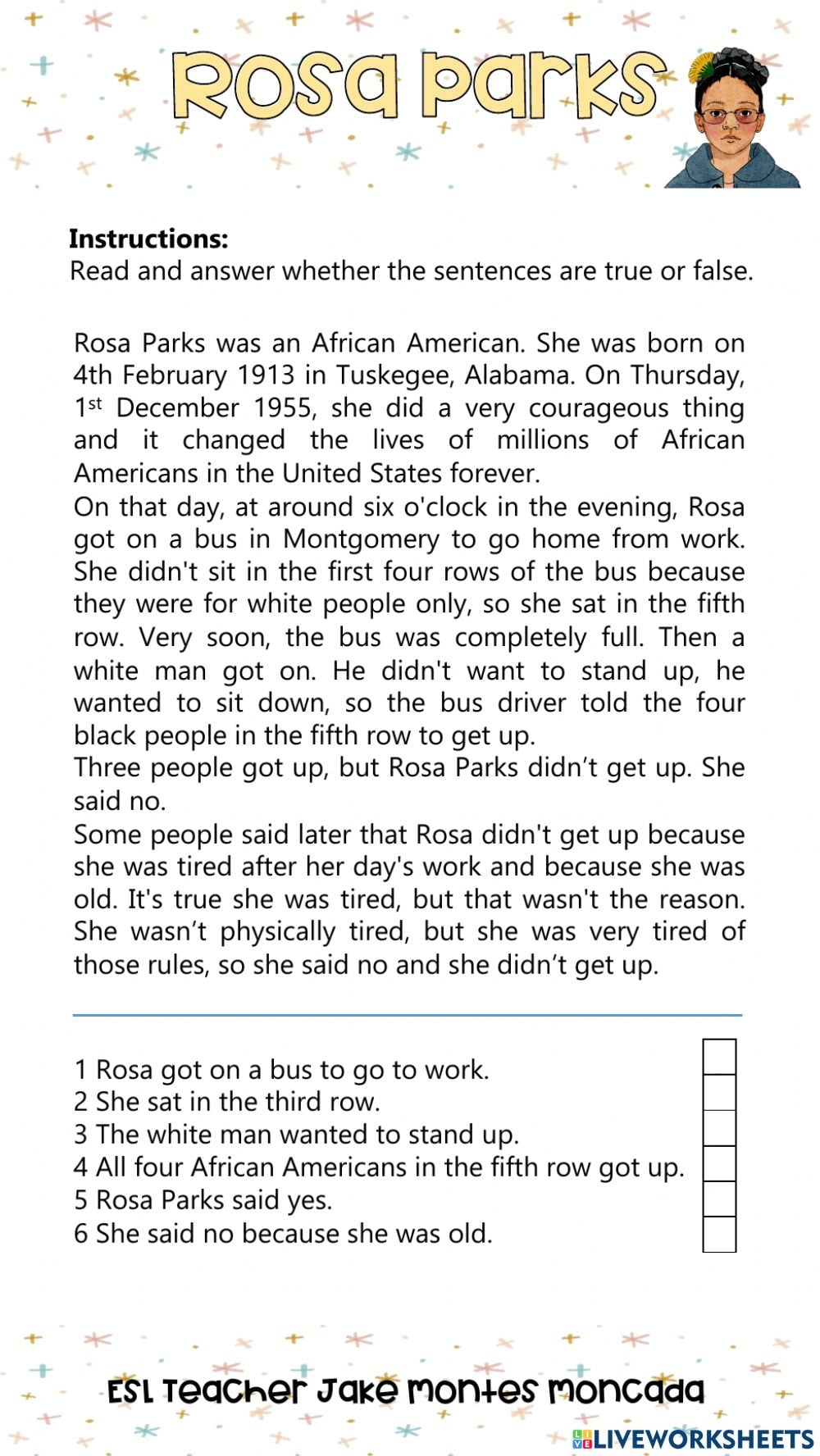 Rosa Parks reading Comprehension Worksheet