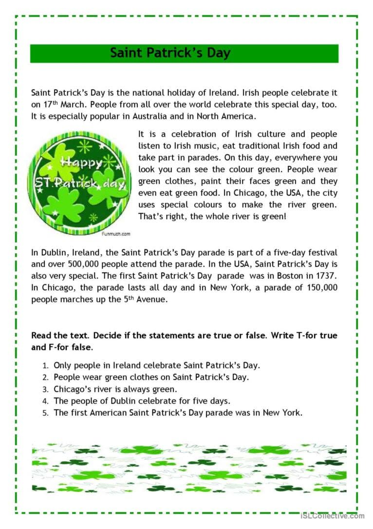 St Patrick's Day Reading Comprehension Worksheets Pdf