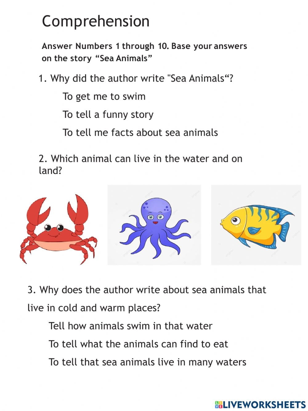 Sea Animals Reading Comprehension Worksheets
