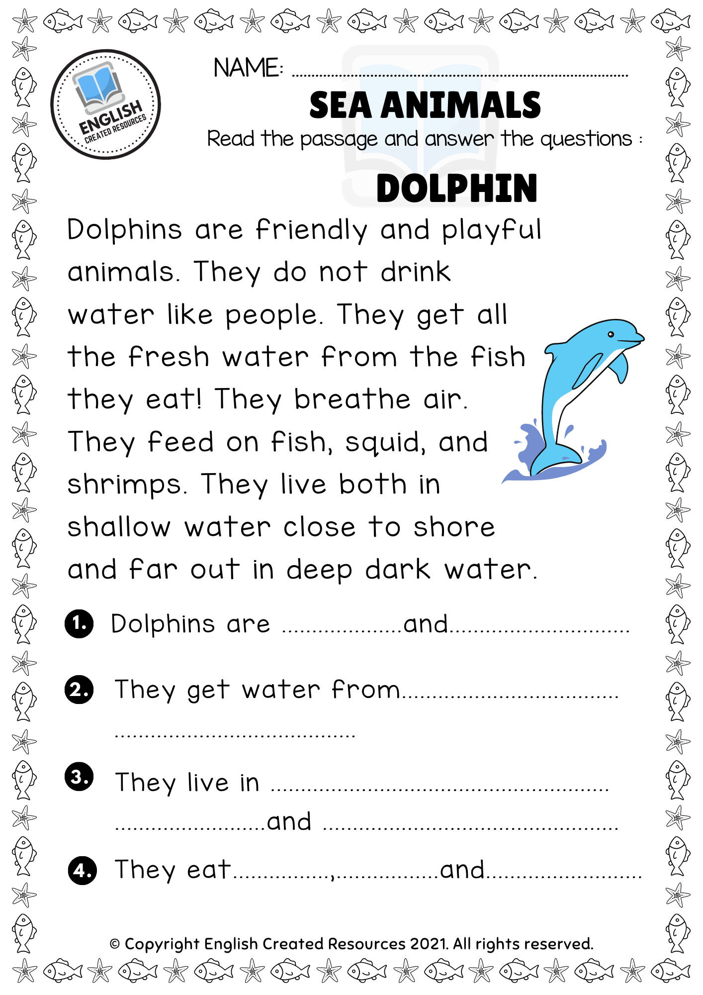 Sea Animals Reading Comprehension