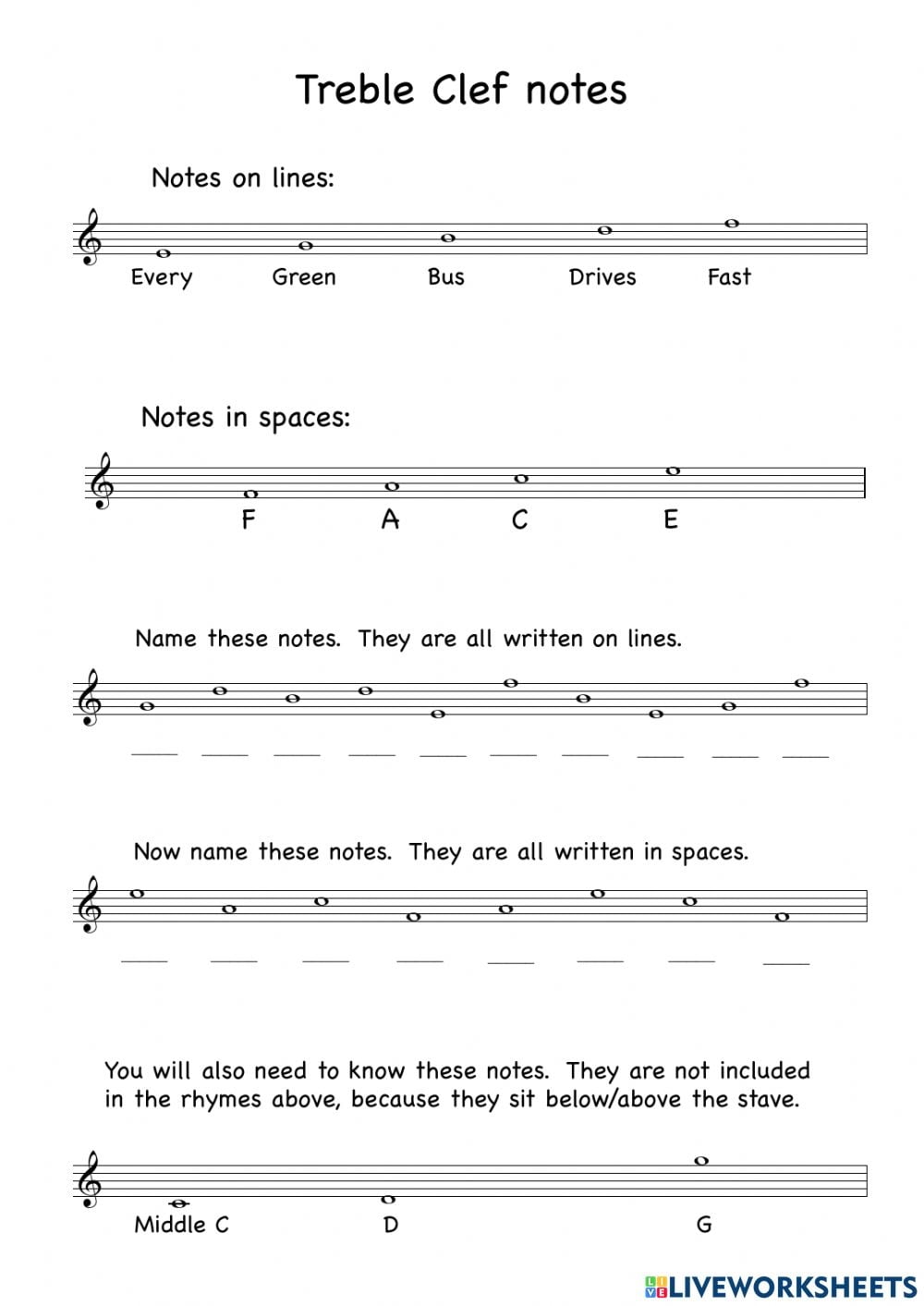 Note Reading Worksheets Treble Clef Exercise #1