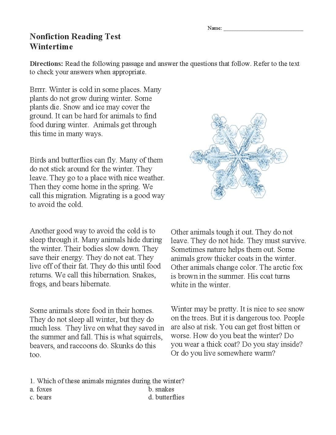 Free Winter Reading Comprehension Worksheets