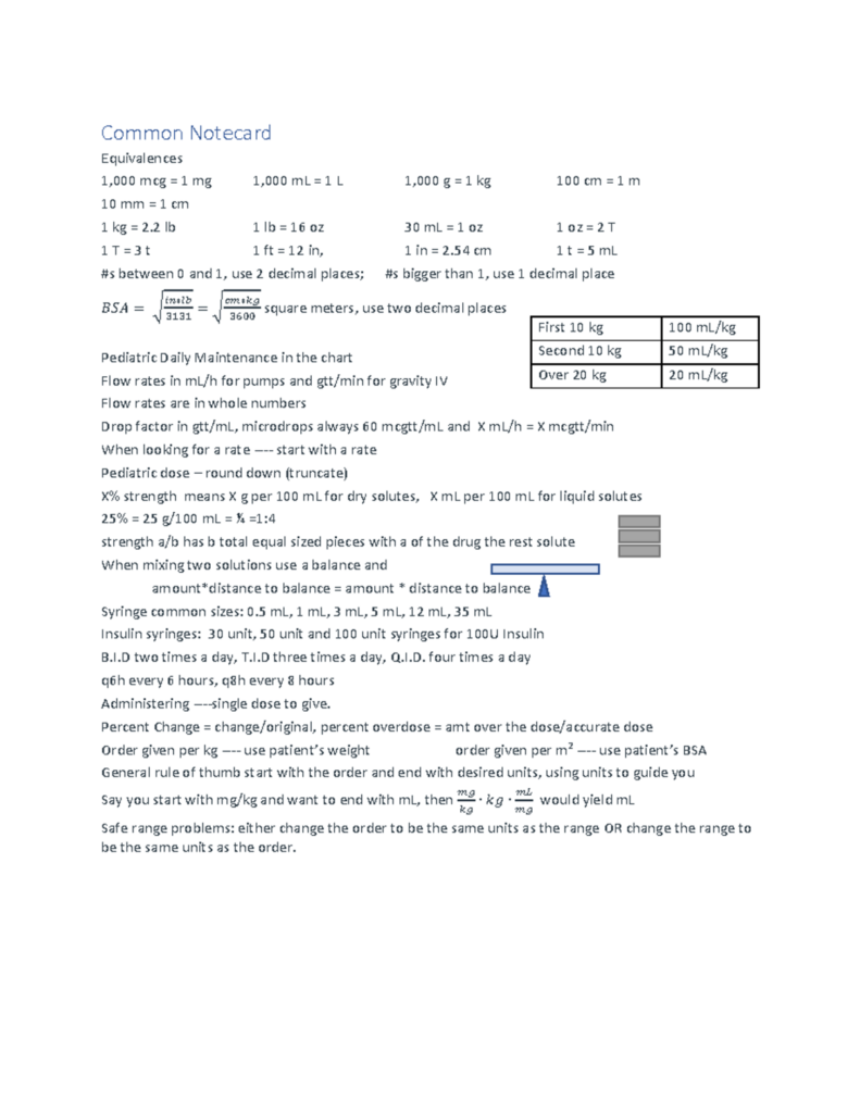 Common Notecard Nursing Dosage Calculations Cheat Sheet Common Notecard Equivalences 1 000 Mcg Studocu