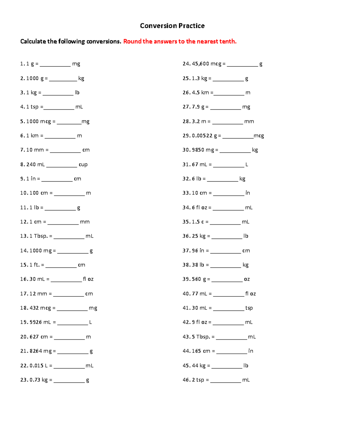 Dosage Calculations Practice Worksheet Conversion Practice Calculate The Following Conversions Studocu