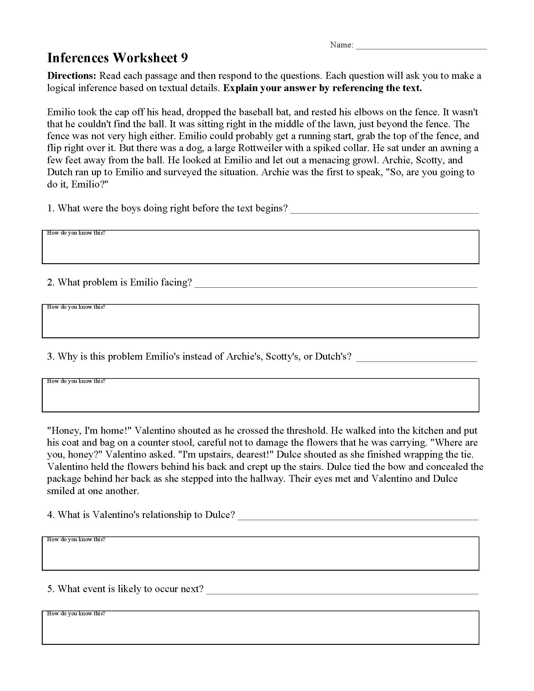 Inferences Worksheet 9 Reading Activity