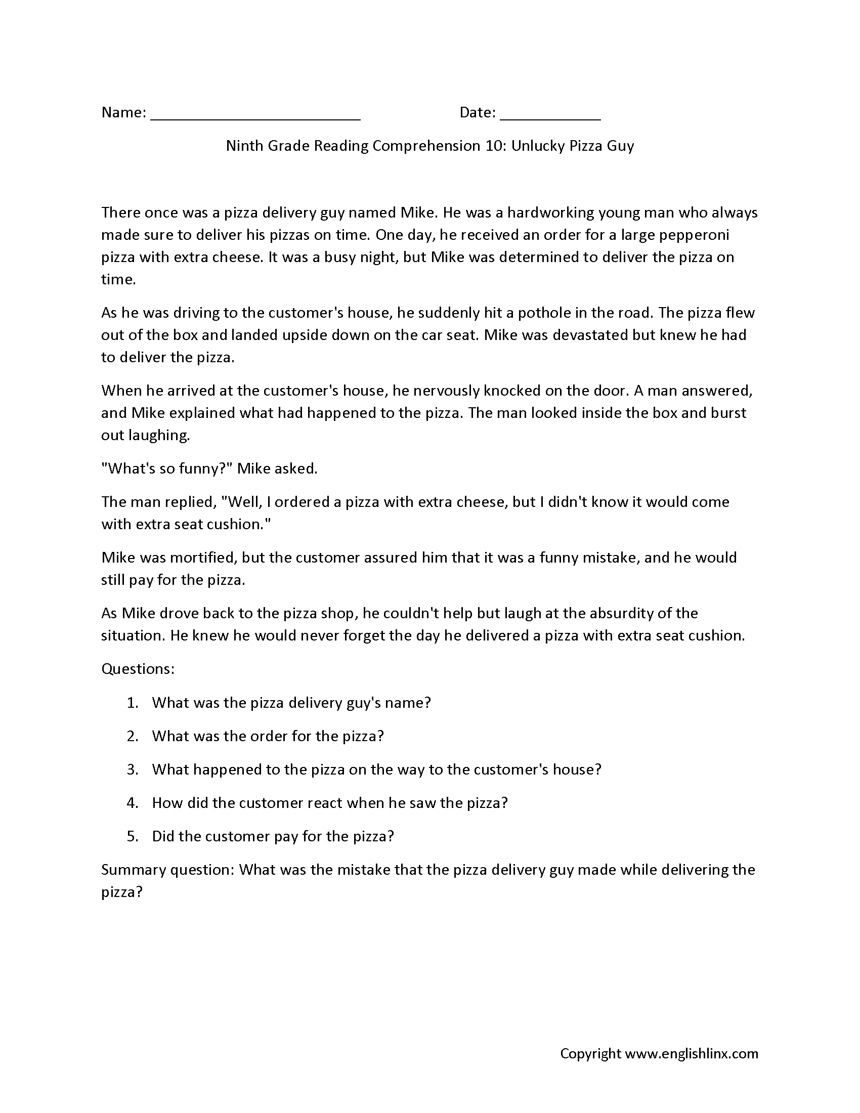 Reading Comprehension Worksheets Ninth Grade Reading Comprehension Worksheets