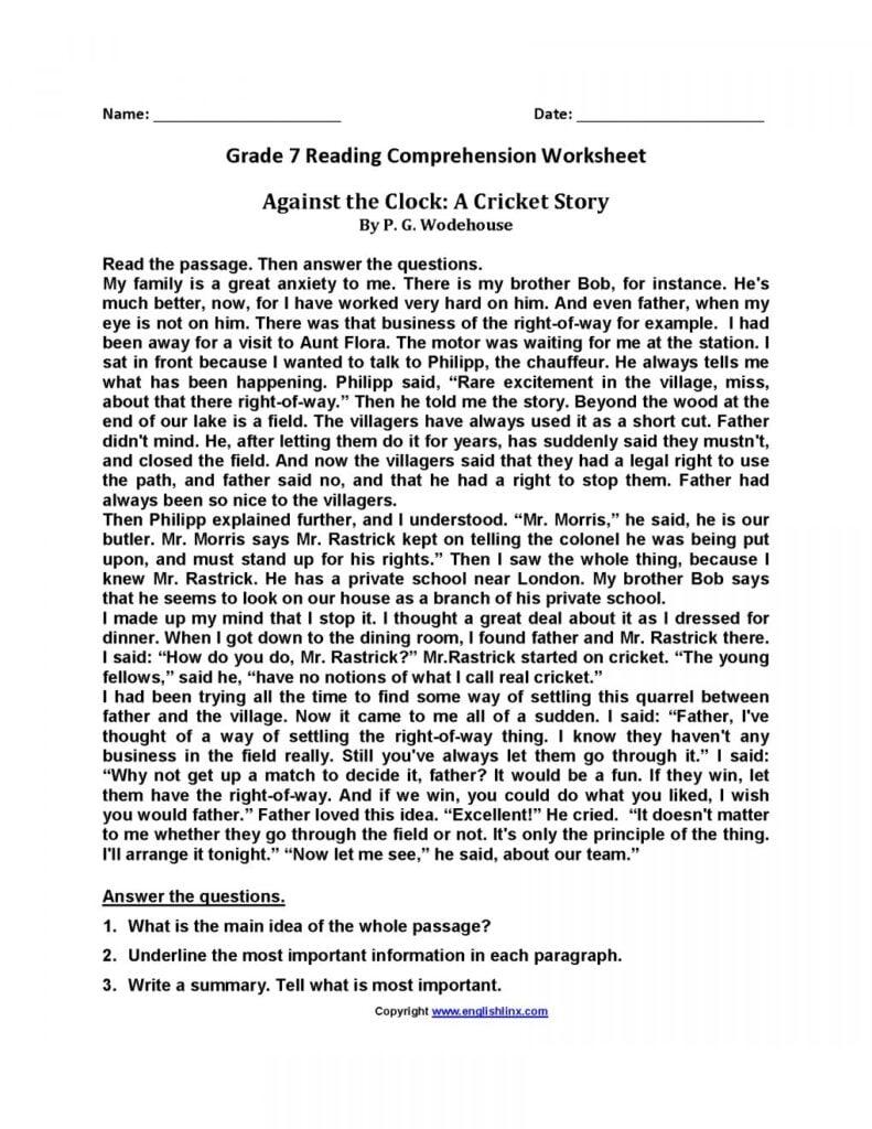 10 Reading Comprehension Grade 7 Worksheet Comprehension Worksheets Reading Comprehension Worksheets Reading Worksheets