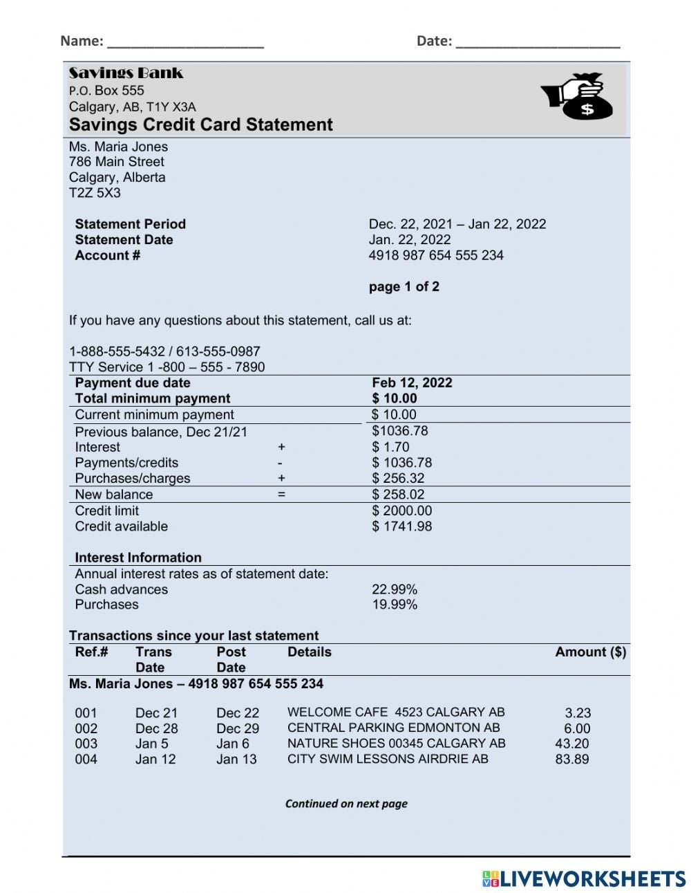 4 3 Reading A Credit Card Statement Worksheet