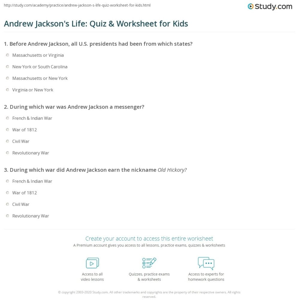 Andrew Jackson s Life Quiz Worksheet For Kids Study