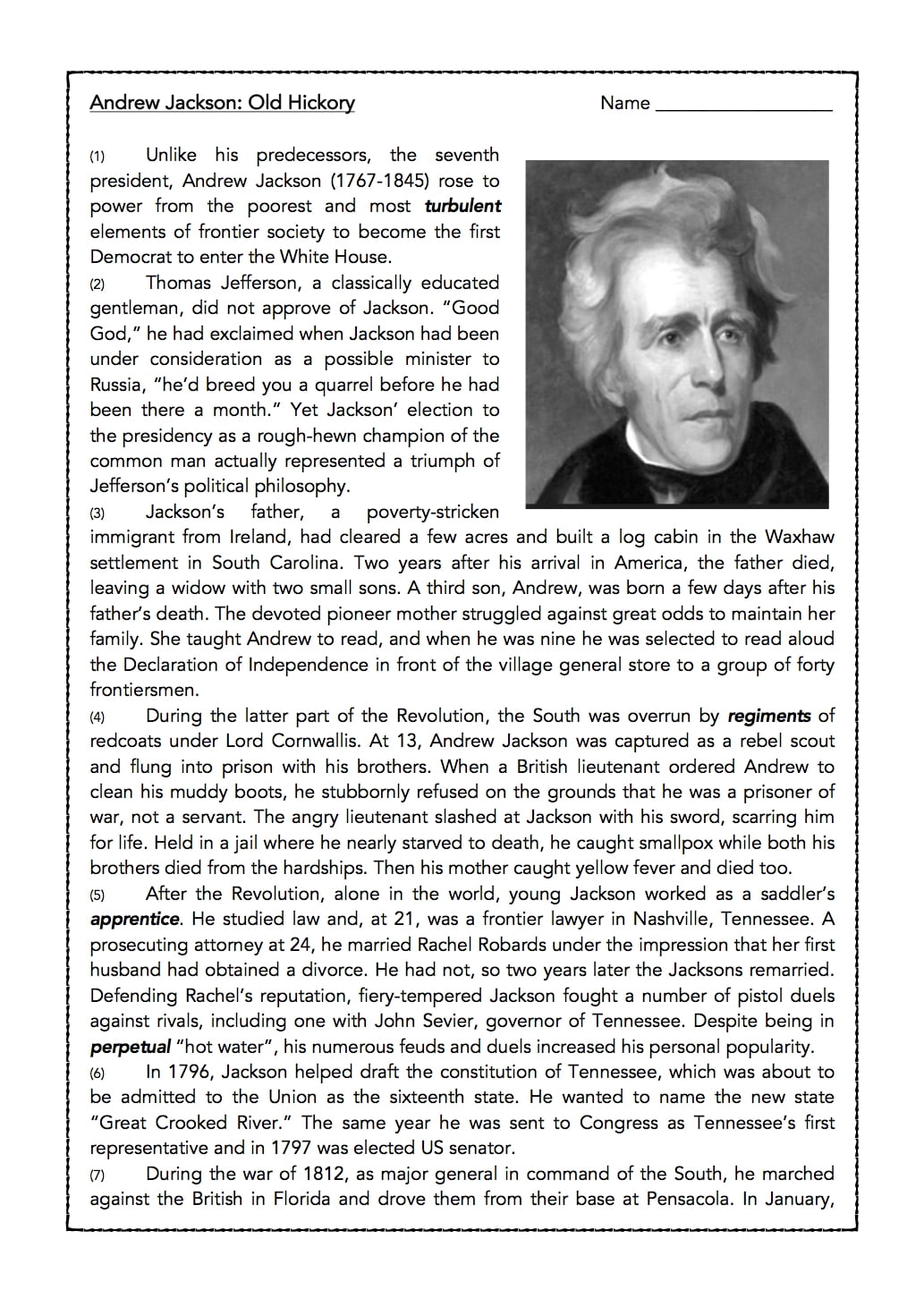 Andrew Jackson U S President Biography And Assessment Made By Teachers