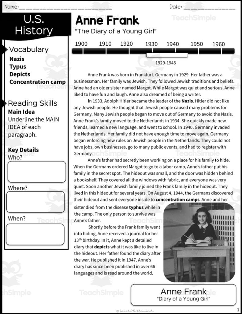 Anne Frank Reading Packet By Teach Simple