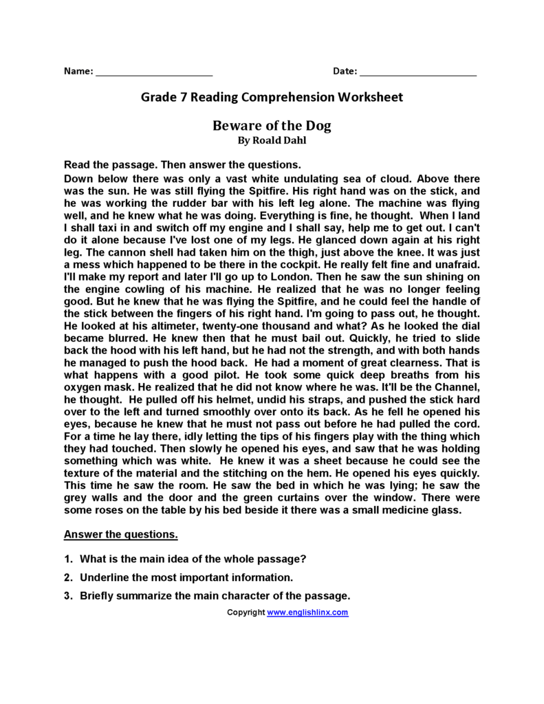 Beware Of The Dog br Seventh Grade Reading Worksheets Reading Comprehension Worksheets Comprehension Worksheets 7th Grade Reading