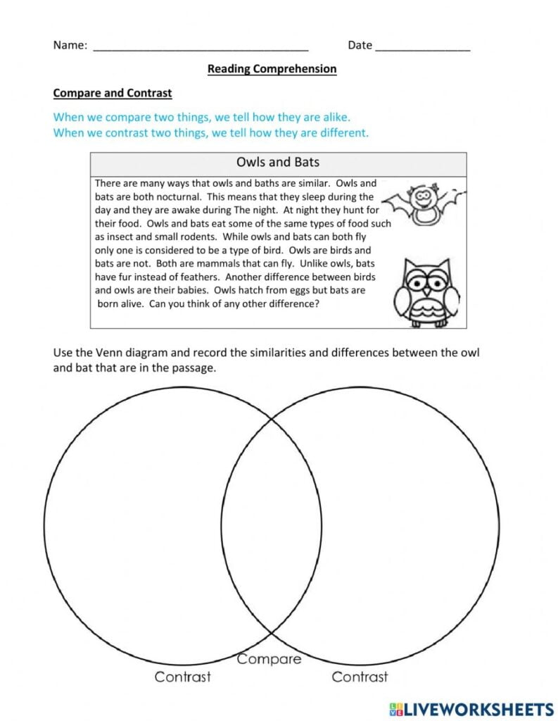 Printable Compare And Contrast Reading Worksheets Reading Worksheet