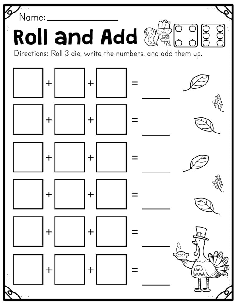 Fall Roll And Add Worksheet First Grade Made By Teachers