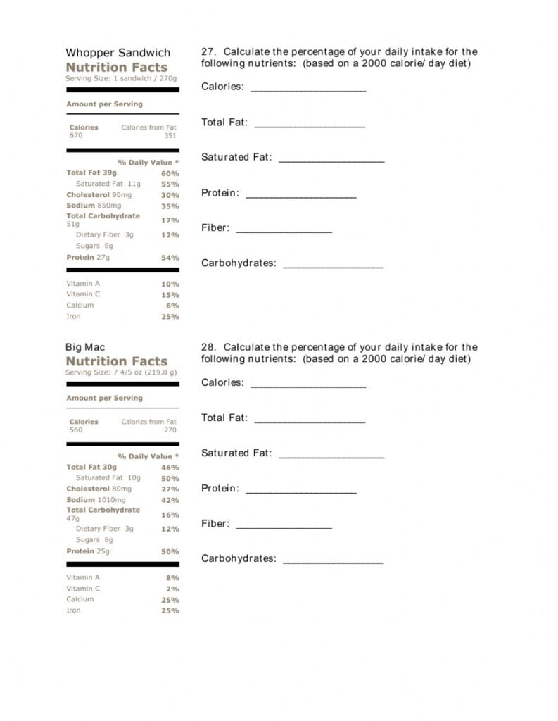 Food Labels Worksheet