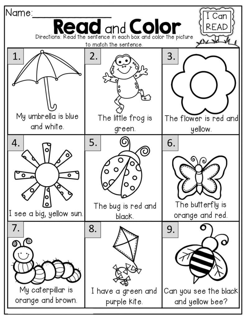 Kindergarten Coloring Reading Worksheets Printable Free