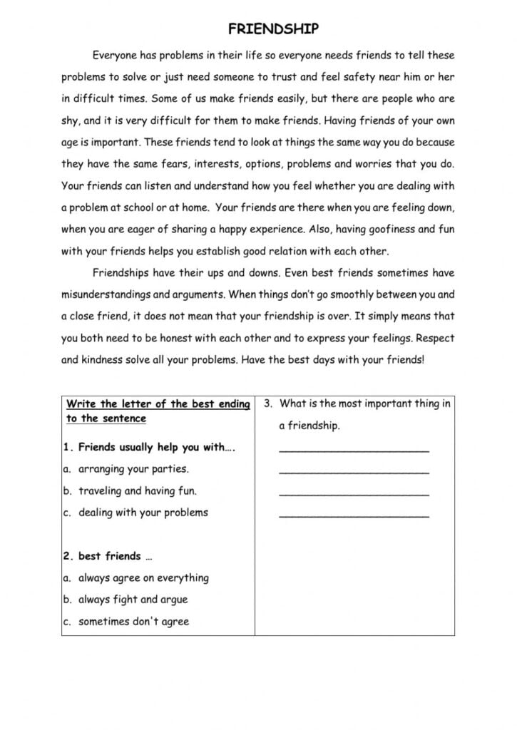Friendship Online Worksheet For Grade 9
