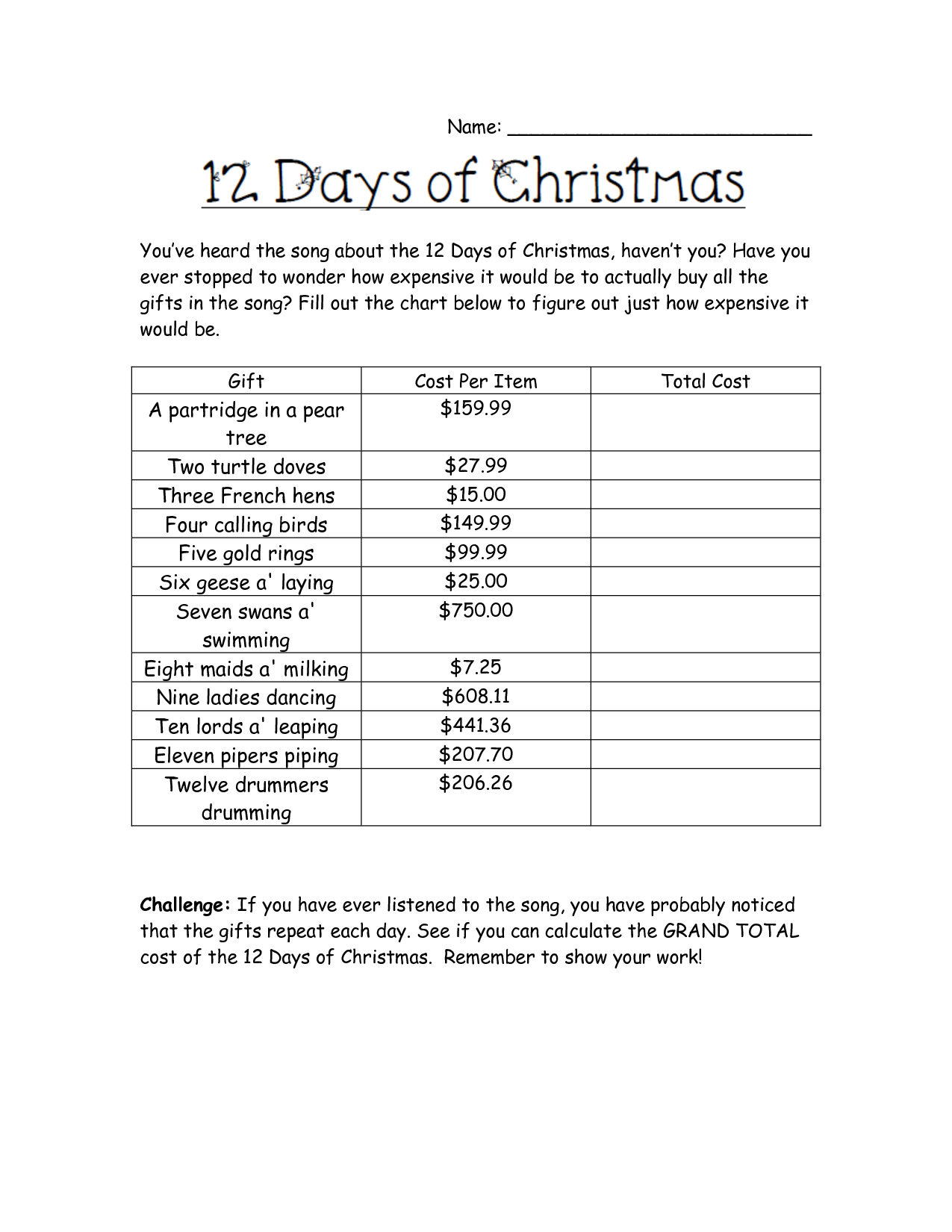 Holiday Math Worksheets Cost Of Christmas Worksheet 10th Grade Math Holiday Math Worksheets Christmas Math Worksheets Kindergarten