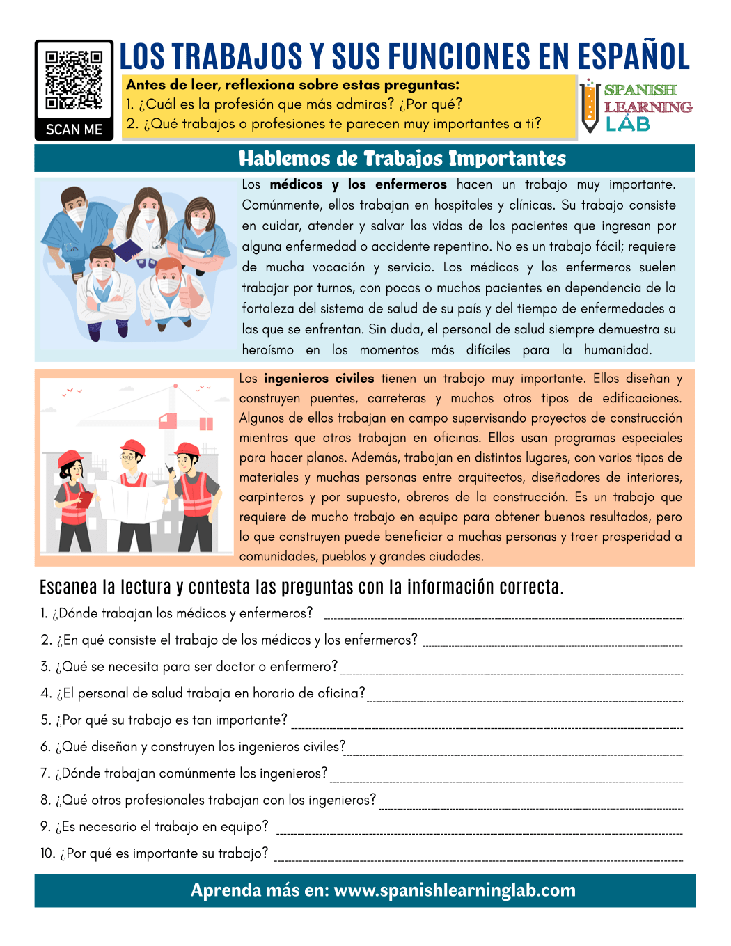 Important Jobs In Spanish PDF Reading Worksheet SpanishLearningLab