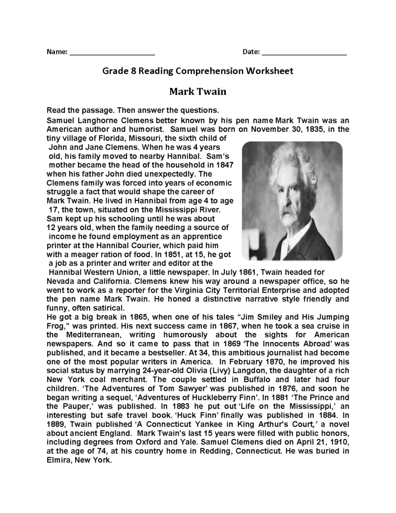 Mark Twain Eighth Grade Reading Worksheets 8th Grade Reading Reading Comprehension Reading Comprehension Worksheets