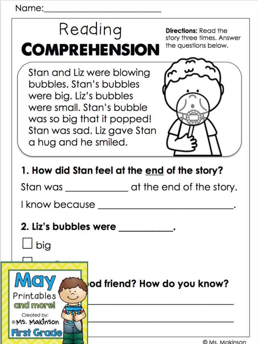 First Grade Reading Comprehenion Printable Worksheets