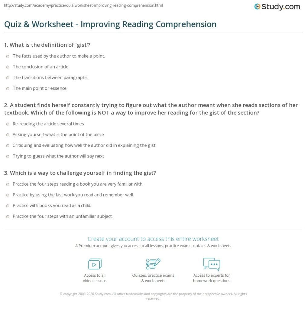 Quiz Worksheet Improving Reading Comprehension Study