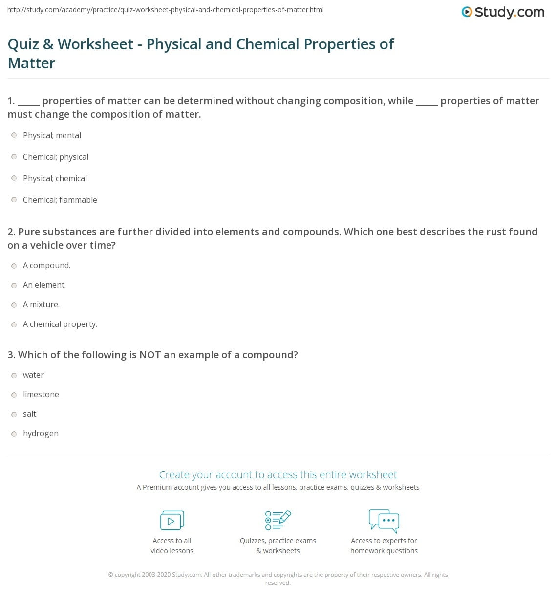 Quiz Worksheet Physical And Chemical Properties Of Matter Study