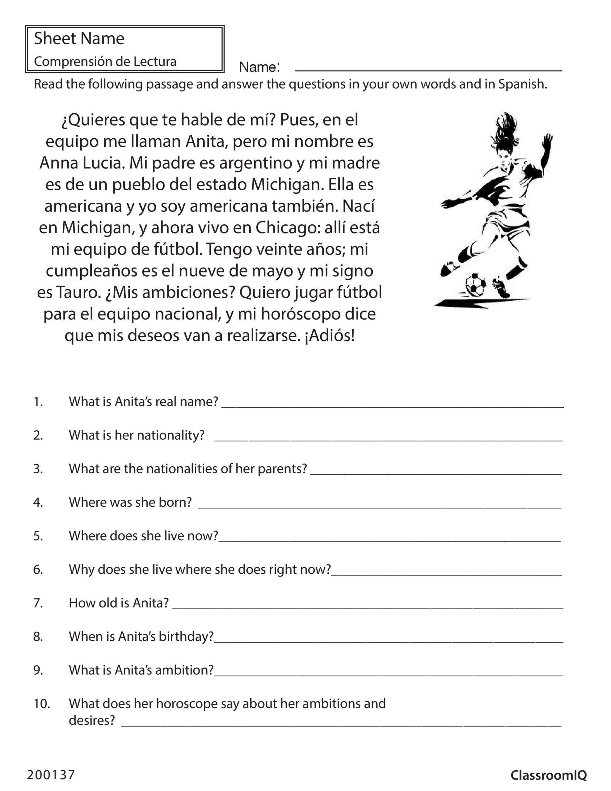 Read Spanish Passage And Answer Questions In English spanishworksheet newteacher Comprehension Worksheets Reading Comprehension Spanish Reading Comprehension