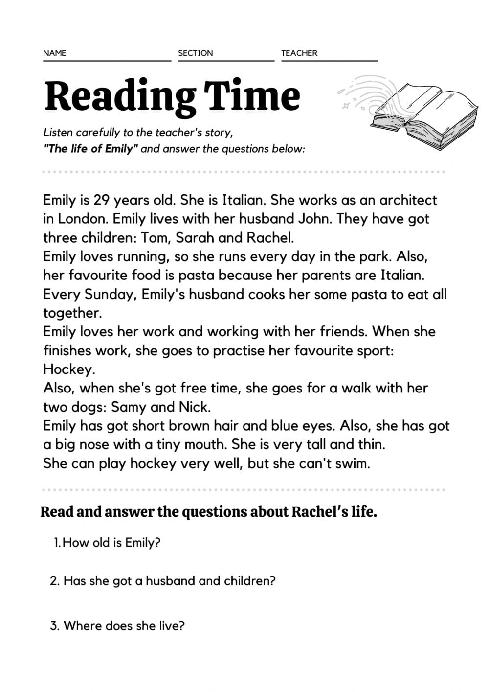 Reading And Comprehension Activity Worksheet