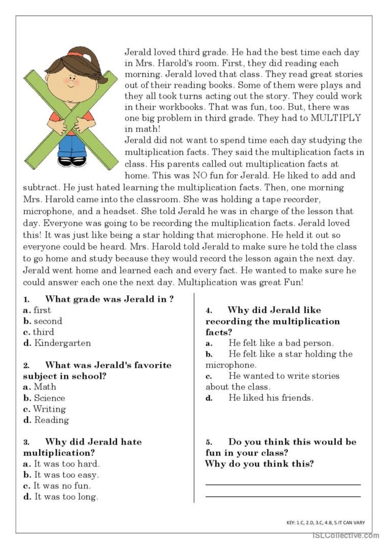 Easy Reading Comprehension Worksheets Esl Printable