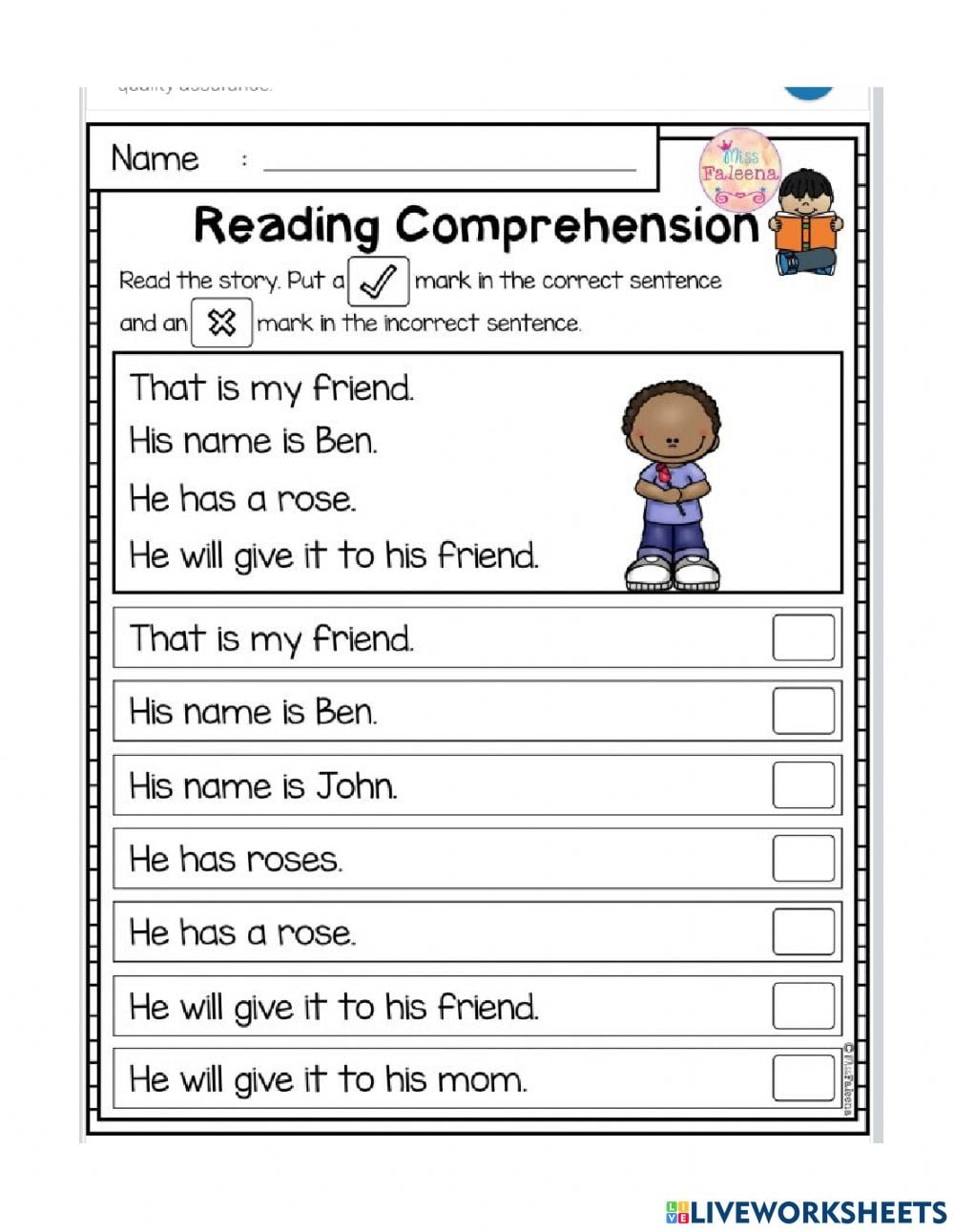 Reading Comprehension Online Exercise For Kinder