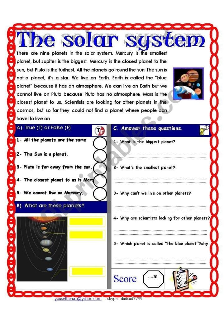 Reading Comprehension Test Theme The Solar System ESL Worksheet By Shmiskeen