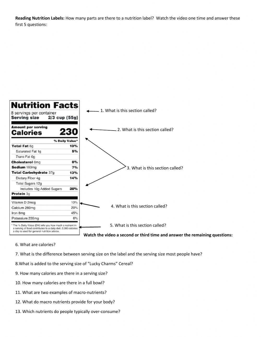 Reading Food Labels Worksheet