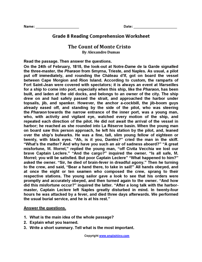 Free Printable Reading Comprehension Worksheets Grade 8 - Reading 