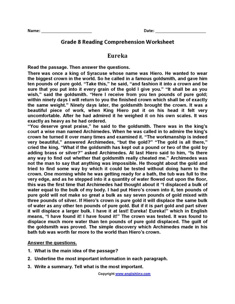 Reading Comprehension Worksheets 8th Grade Free Printable - Reading ...